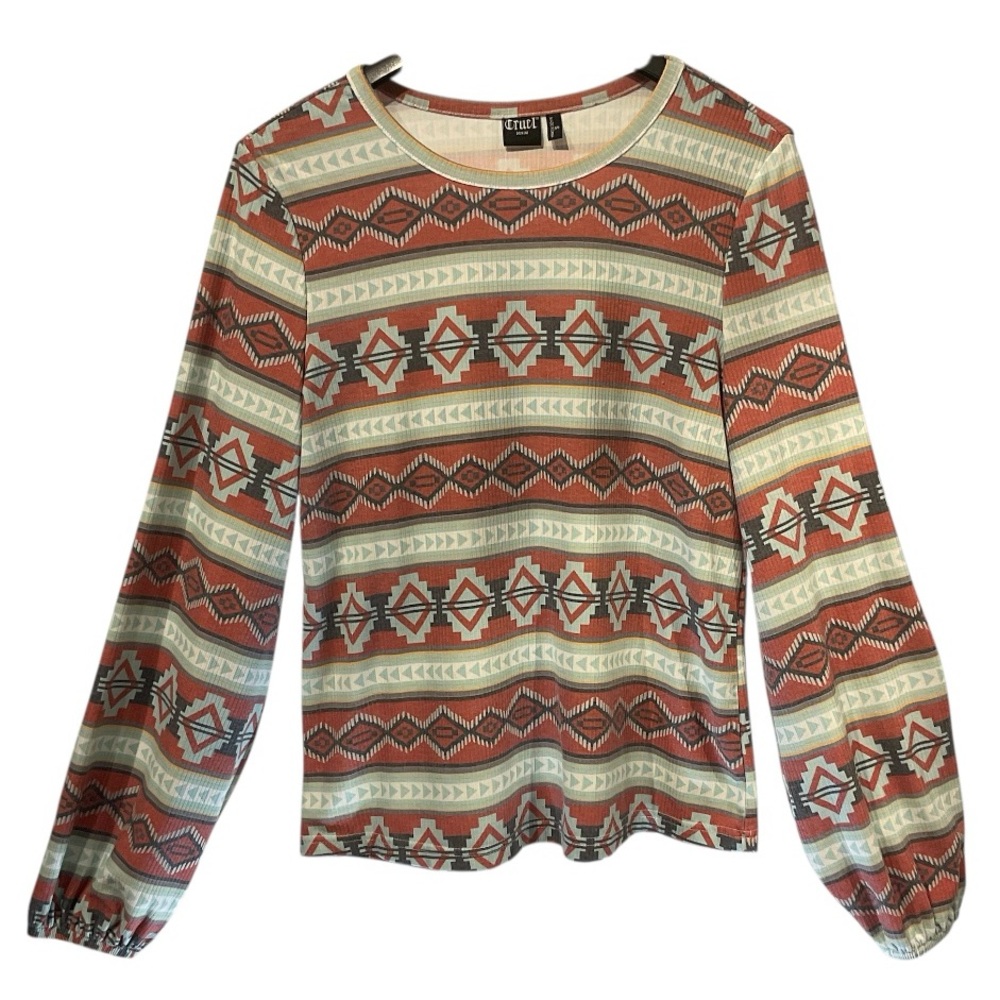 Cruel Denim Aztec Print Long Sleeve Stretch Top | Size Small